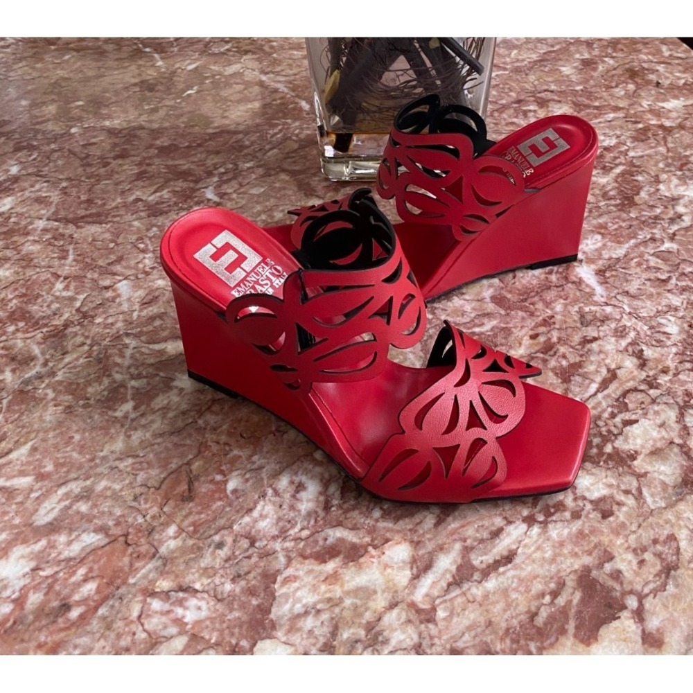 New Emanuele Crasto Red Italian Leather Woven Slide Wedge Heel Sandal Sz 8 $179
